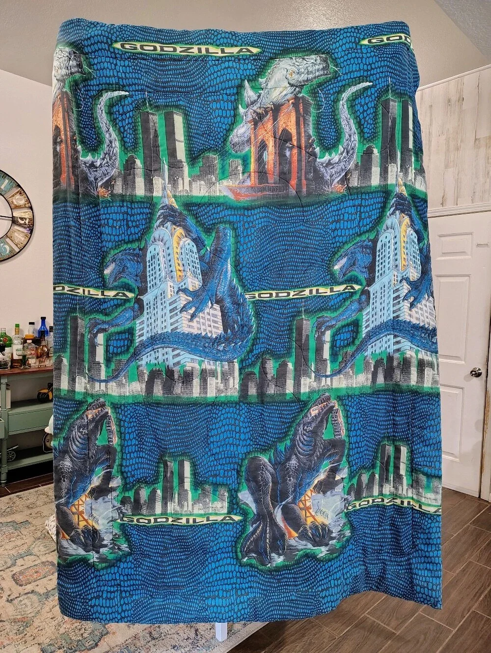 1998 Godzilla Movie  Blue Graphic Comforter Blanket Twin Size Vintage